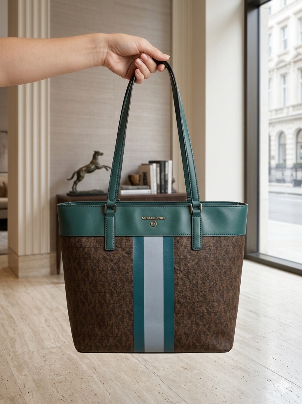 Michael Kors Eva Large Signature Logo tote Bag ! Leather, teal and brown *EUC